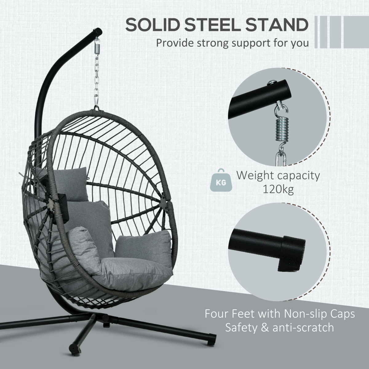 Outsunny Grey Hanging Swing Chair with Thick Cushion, Foldable Patio Hanging Chair