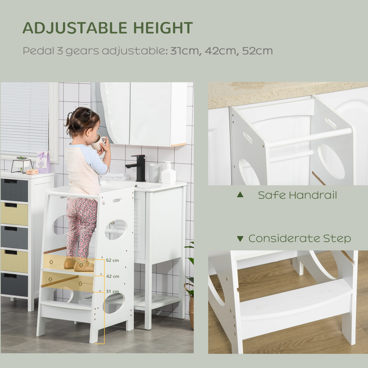 HOMCOM Kids Adjustable Step Stool with Guardrails and Handrails for Kitchen, Bathroom and Dining Room
