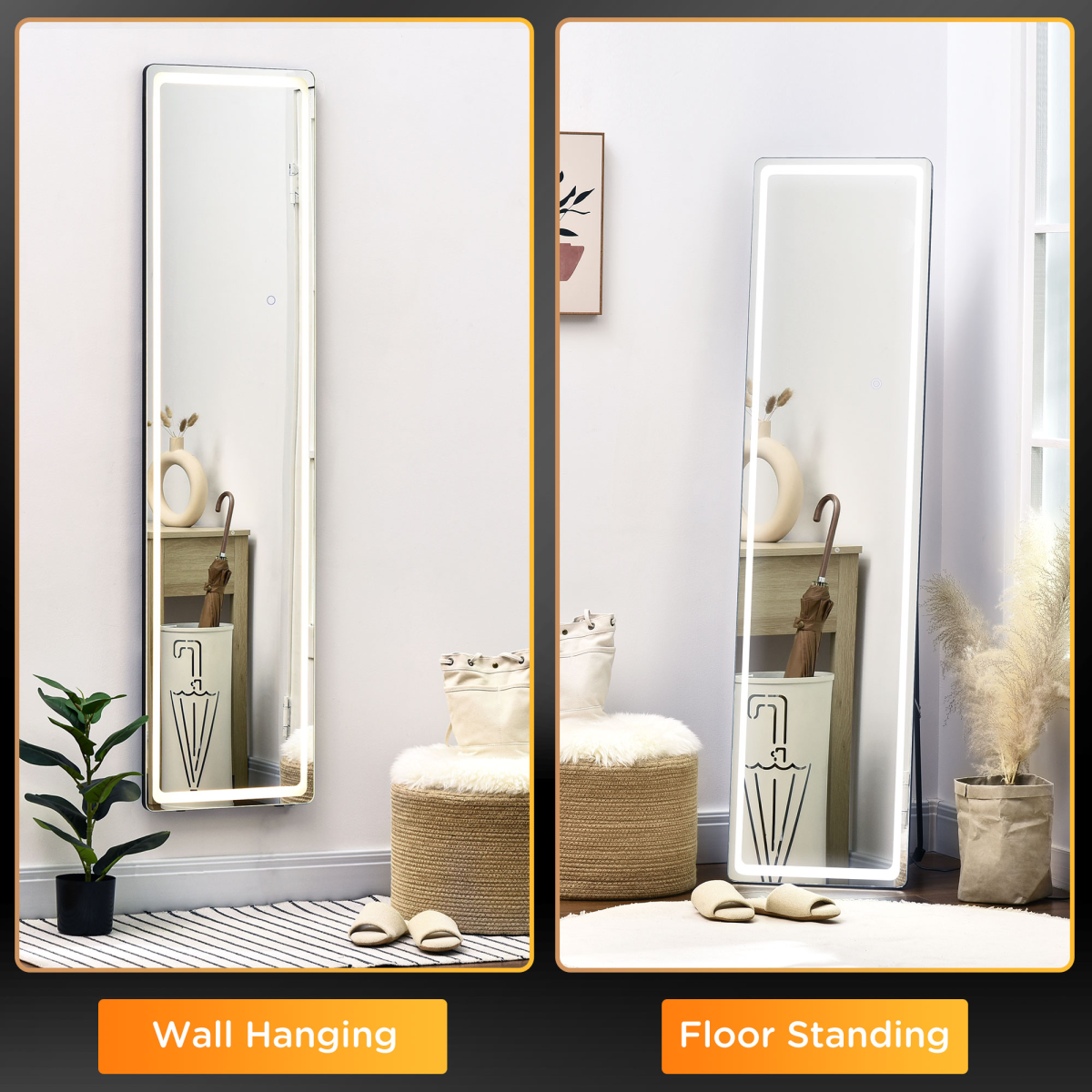 Dimmable LED Full Length Mirror, Freestanding or Wall-Mounted