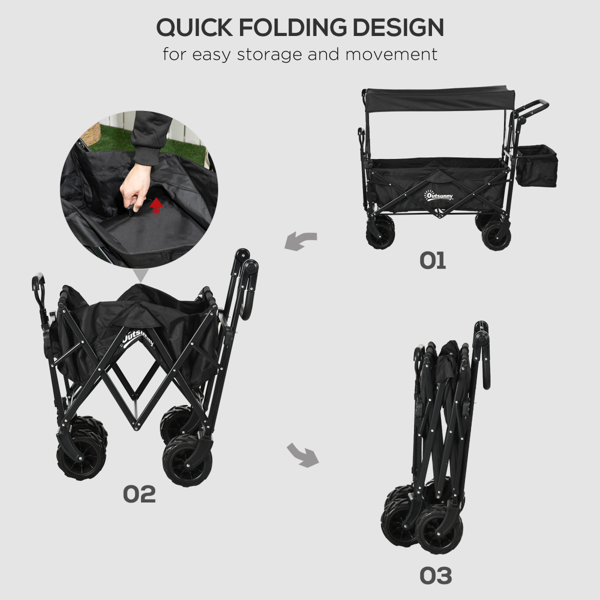Outsunny Folding Trolley Cart Wagon with Canopy, 4 Wheels, Black