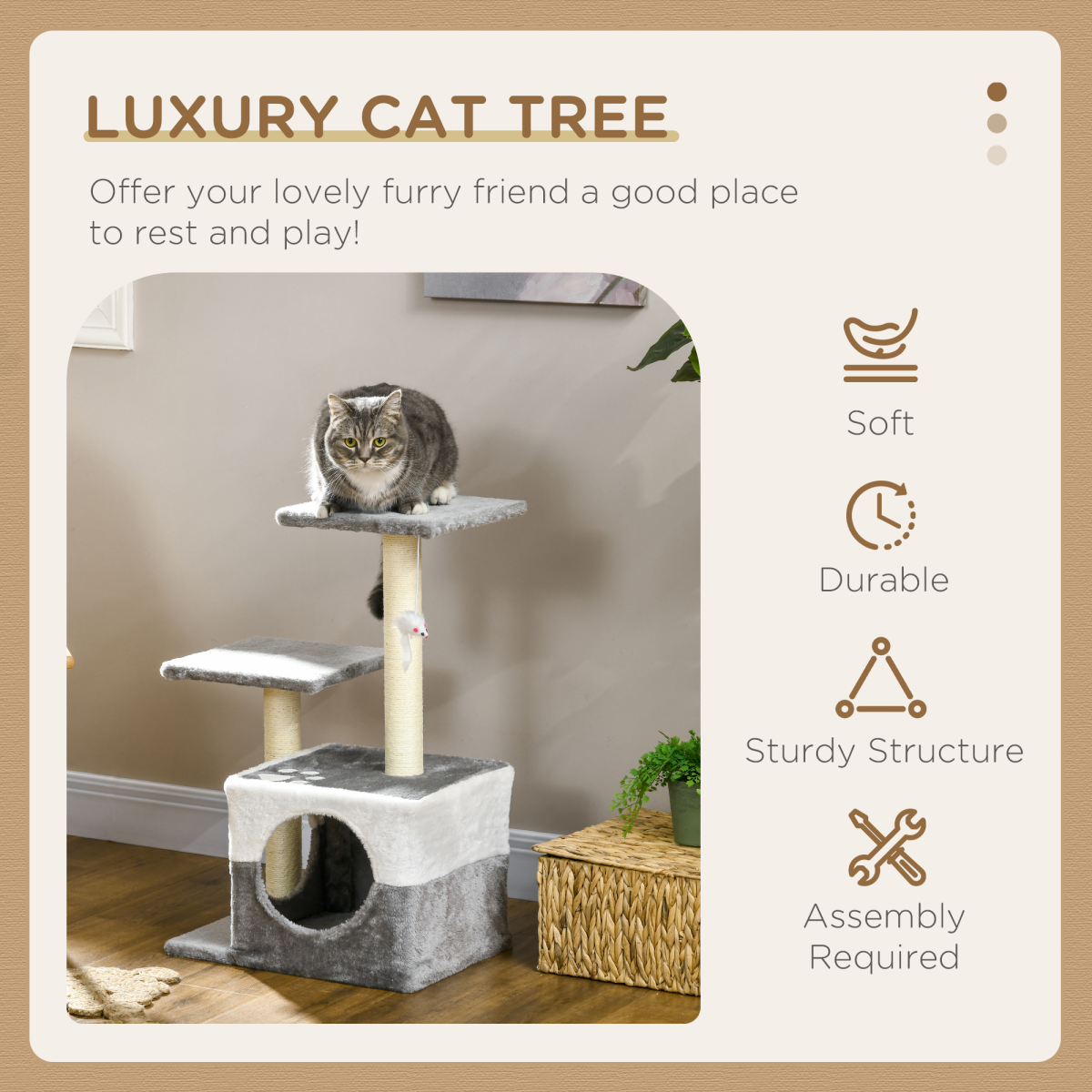 PawHut Grey Cat Tree with Sisal Posts, House, Perches & Toy Mouse
