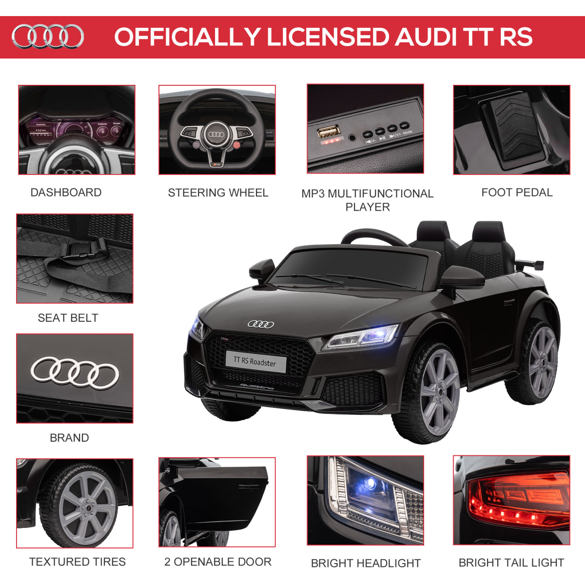 Licensed Audi TT RS 12V Electric Ride On Car with Remote Control, Headlights and MP3 - Black