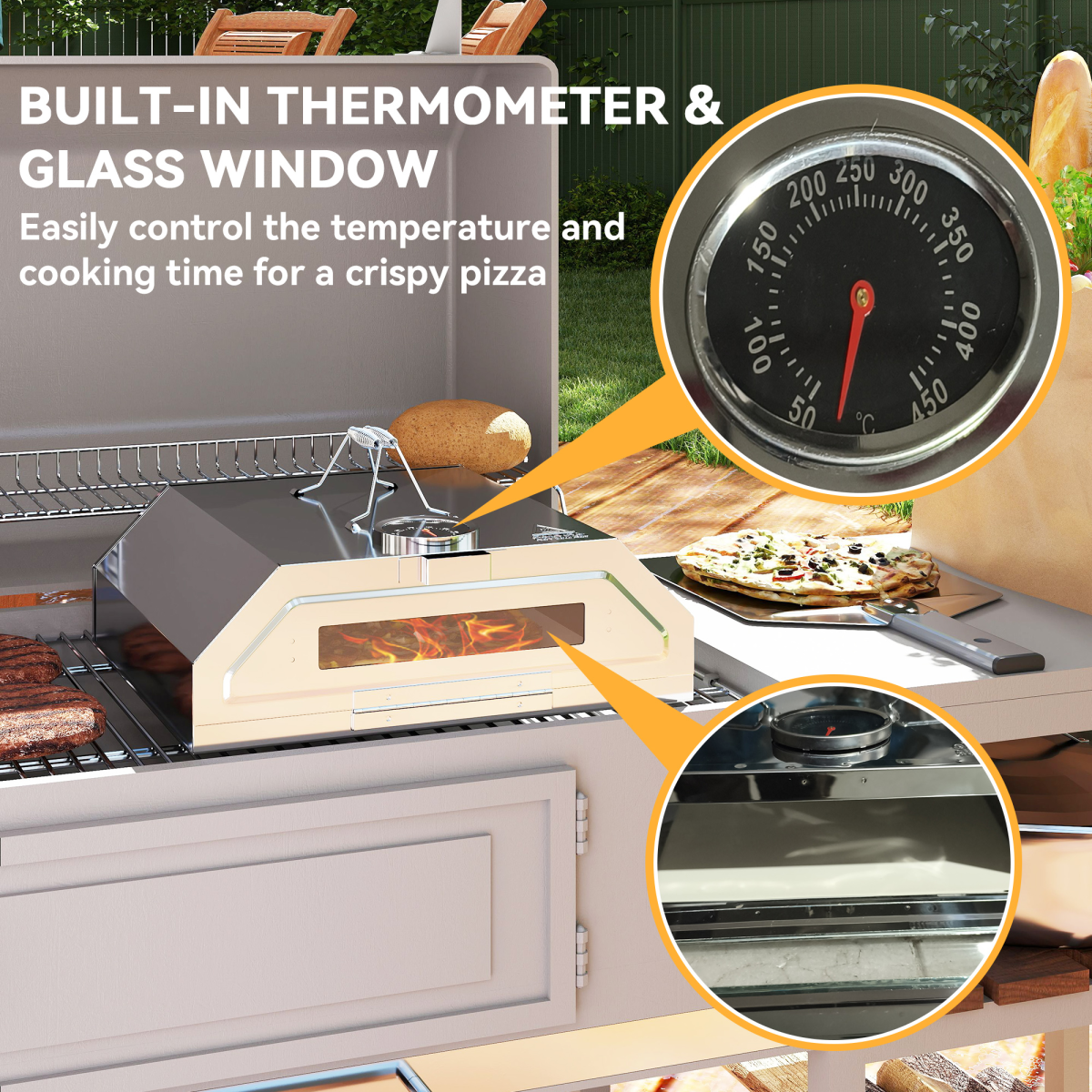 Outsunny Stainless Steel BBQ Pizza Oven with Thermometer and Window