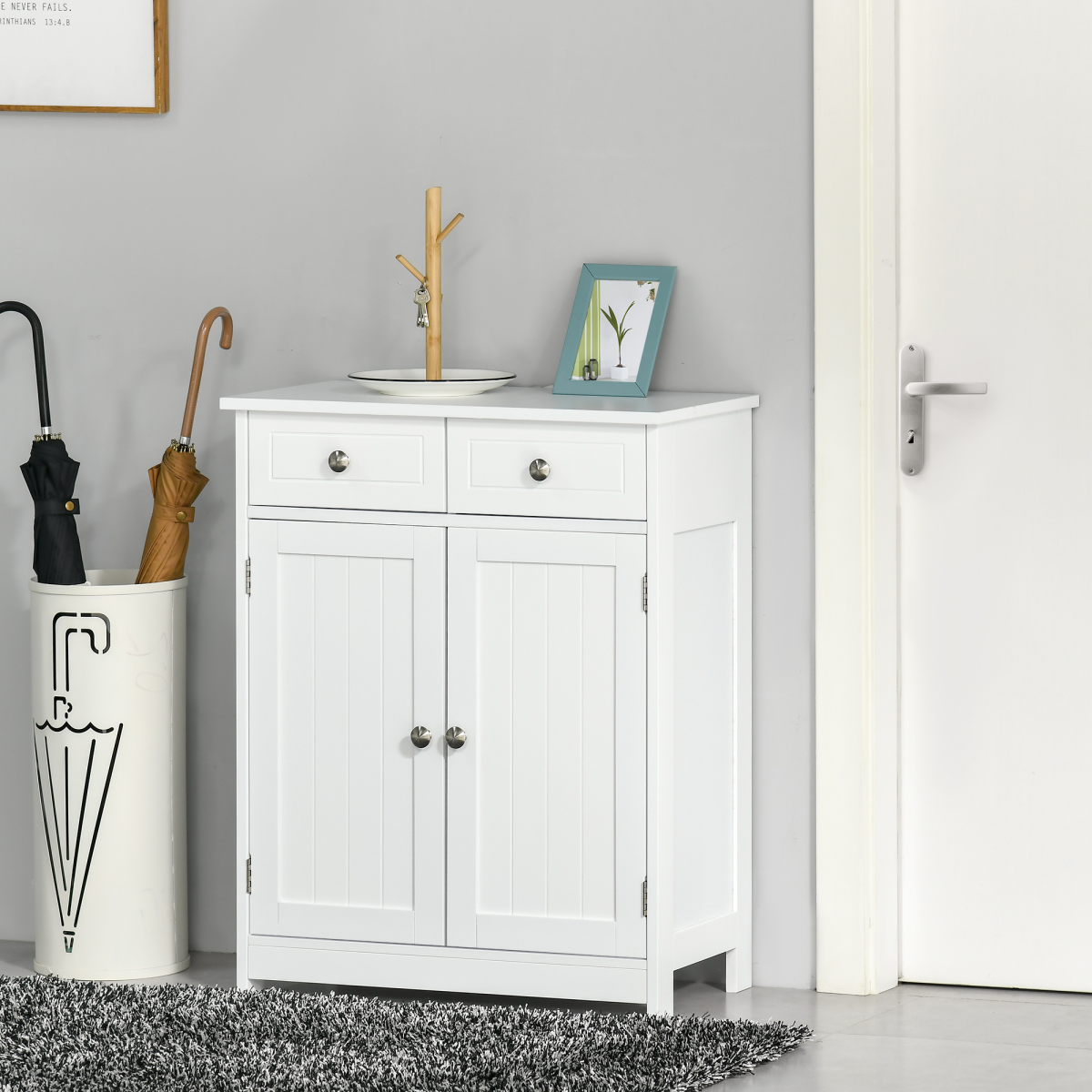 kleankin White Bathroom Floor Storage Cabinet with 2 Drawers, Cupboard and Adjustable Shelf, 75H x 60L x 30Wcm
