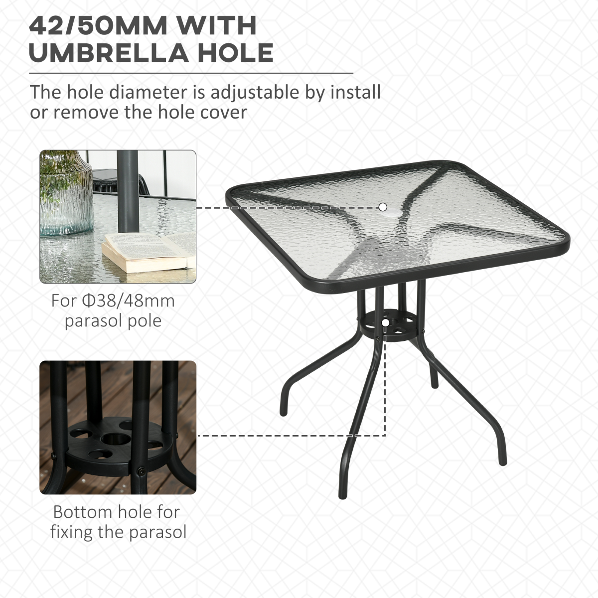 Square Square Patio Table with Tempered Glass Top, Steel Frame, 76 x 76cm Garden Dining Table
