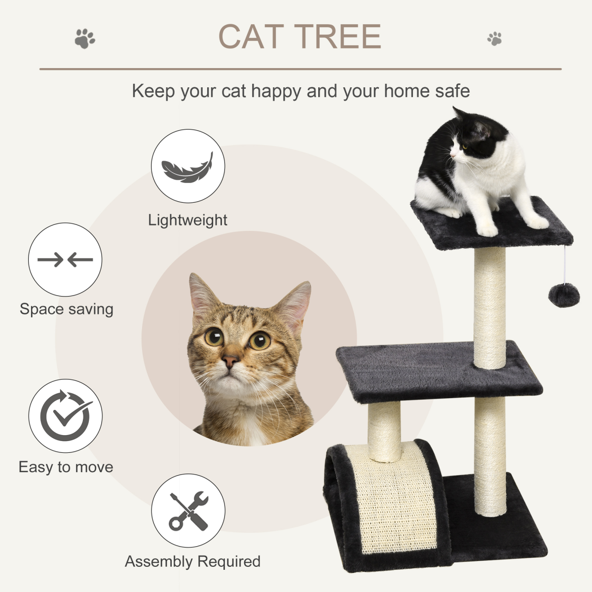 Grey Cat Tree Activity Center with Sisal Scratching Posts, Arched Scratching Pad, Perches and Hanging Play Ball