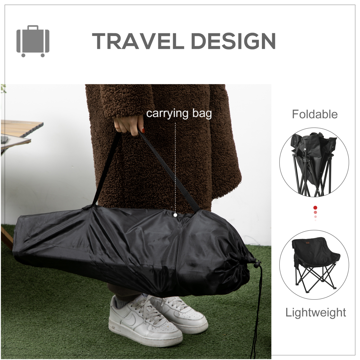 Outsunny Folding Camping Chair with Carry Bag & Storage Pocket, Black
