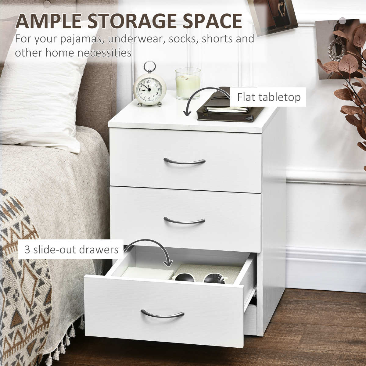 HOMCOM White 3-Drawer Bedside Table with Wood-Effect Finish