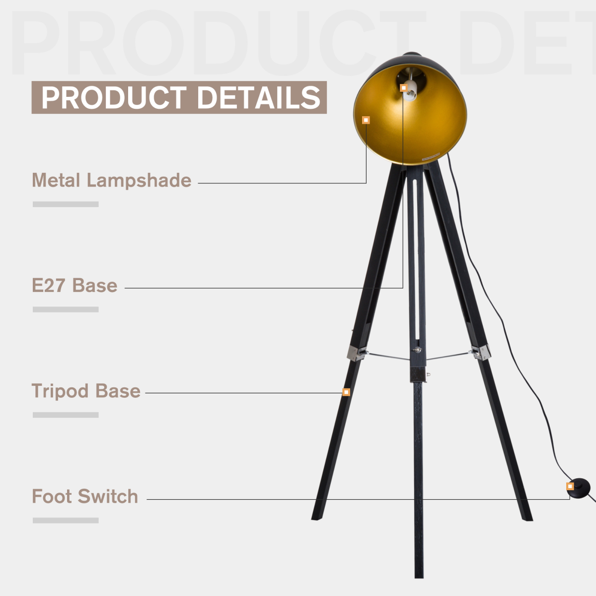 HOMCOM Retro Tripod Floor Lamp with Dome Shade, Pine Wood Legs, Adjustable Height, Black/Gold