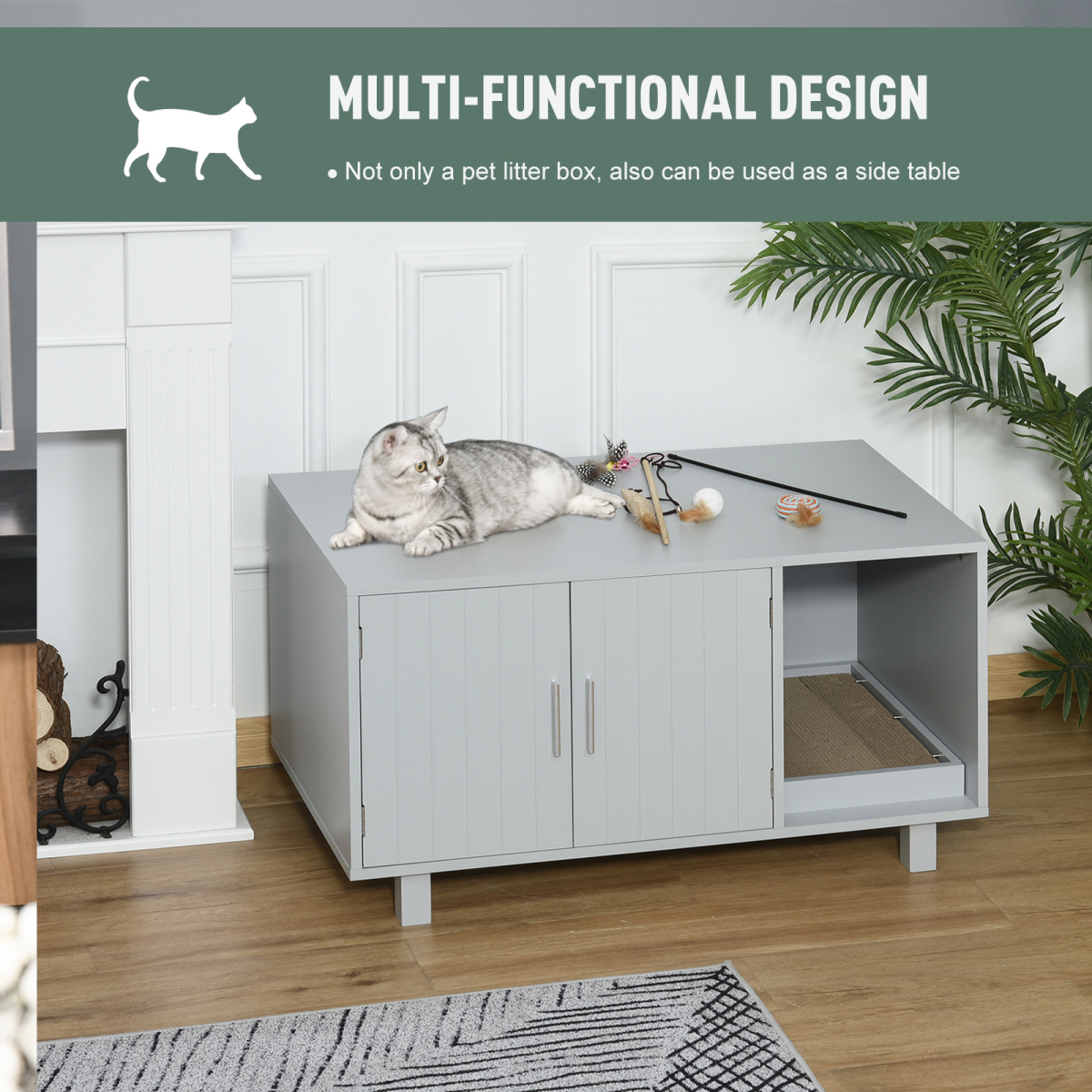Cat Litter Box Enclosure Furniture with Magnetic Doors, Grey