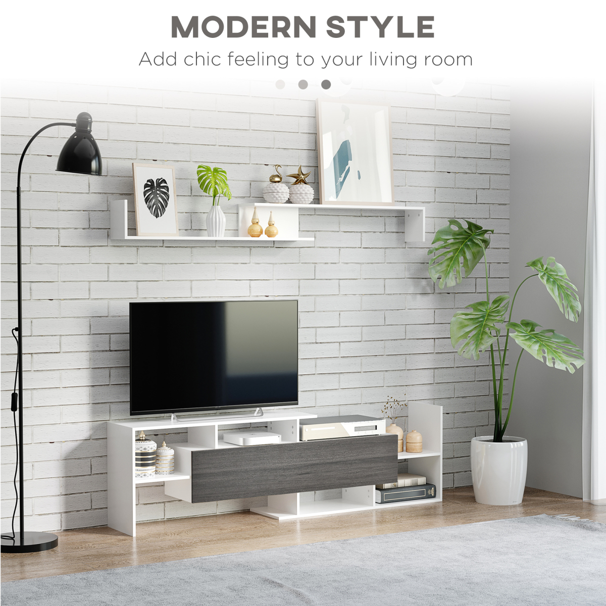 TV Cabinet Unit with Wall-Mounted Shelf and Open Shelves, White and Grey