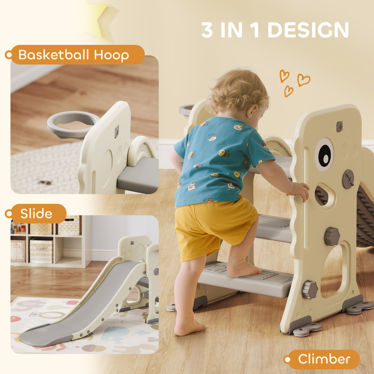AIYAPLAY Foldable 3-in-1 Kids Slide, Climber & Basketball Hoop