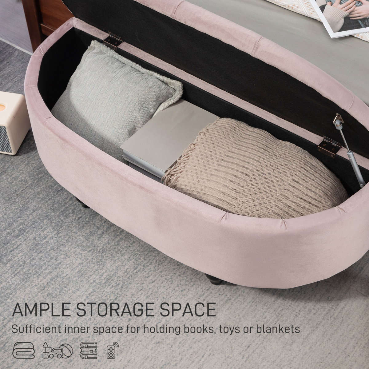 HOMCOM Tufted Semi-Circle Storage Ottoman Bench, Pink