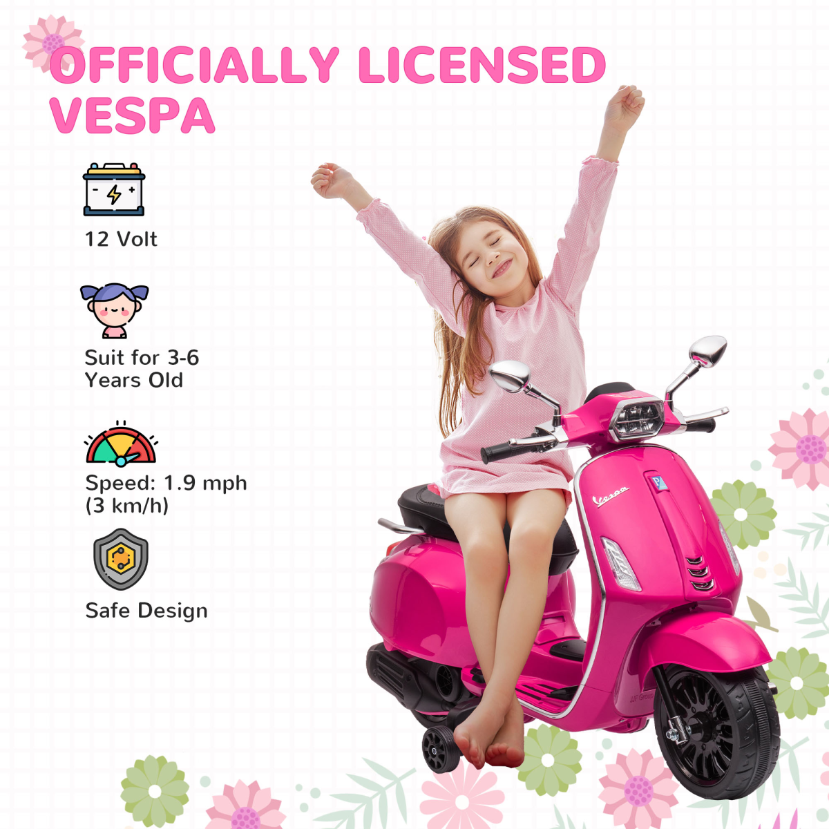 AIYAPLAY Licensed Vespa 12V Kids Electric Motorbike with Training Wheels, Pink