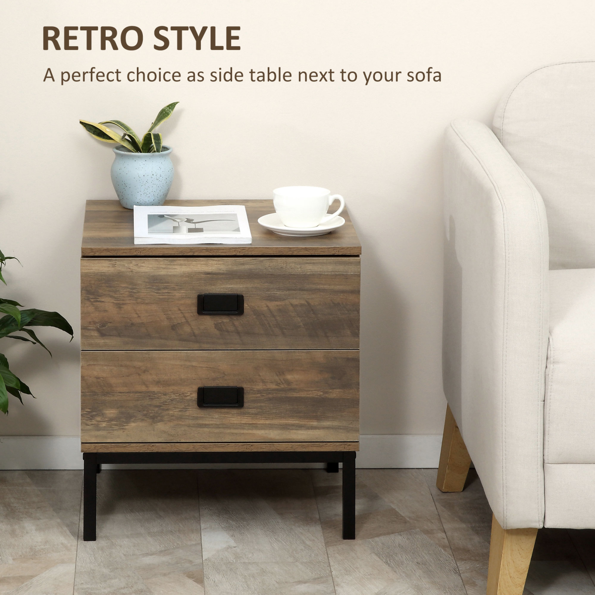 HOMCOM Metal Frame Bedside Table with 2 Drawers and Storage