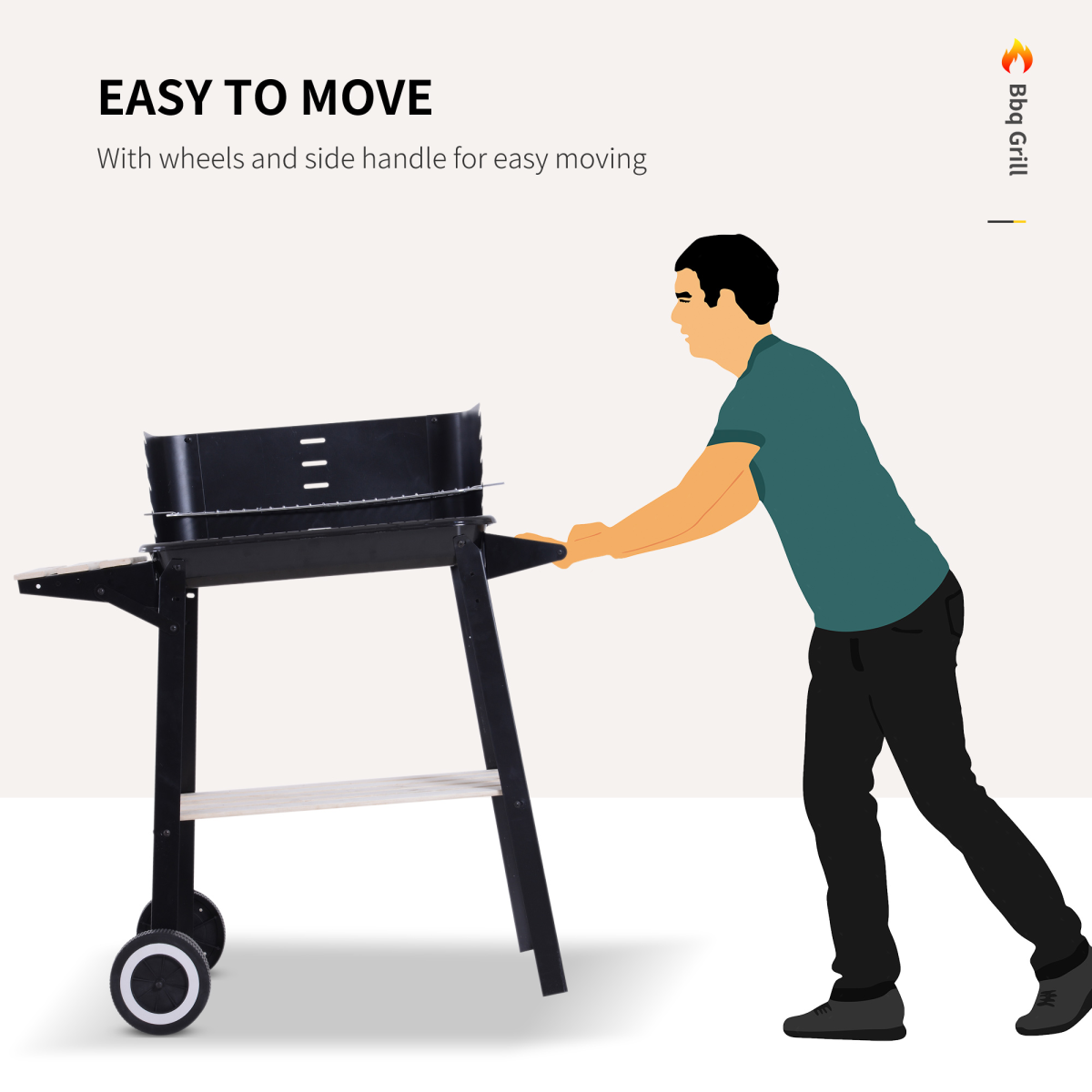 Outsunny Charcoal BBQ Grill with Adjustable 4-Height Grill Pan, Side Wind Shield, Shelf and Wheels, 87 x 45 x 83 cm, Black