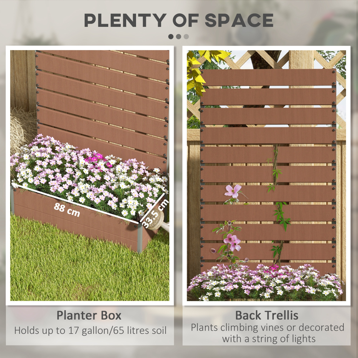 Outsunny Raised Garden Bed with Trellis, Standing Patio Planter Box, Wood-Plastic Composite, Light Brown