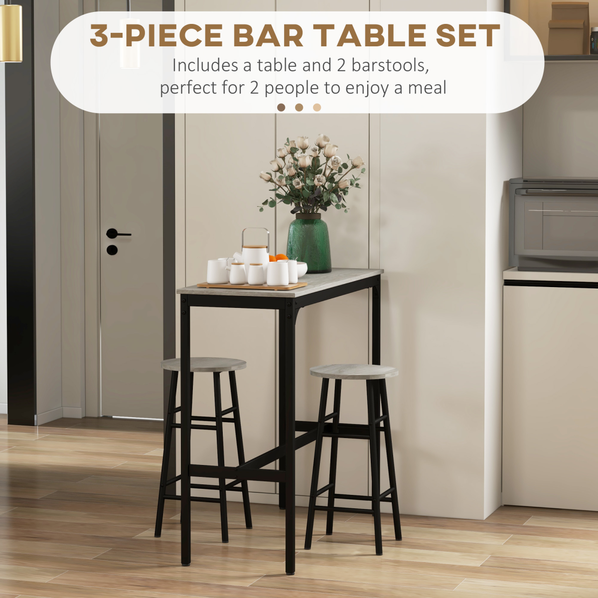 HOMCOM 3-Piece Industrial Bar Table and Stool Set, Grey