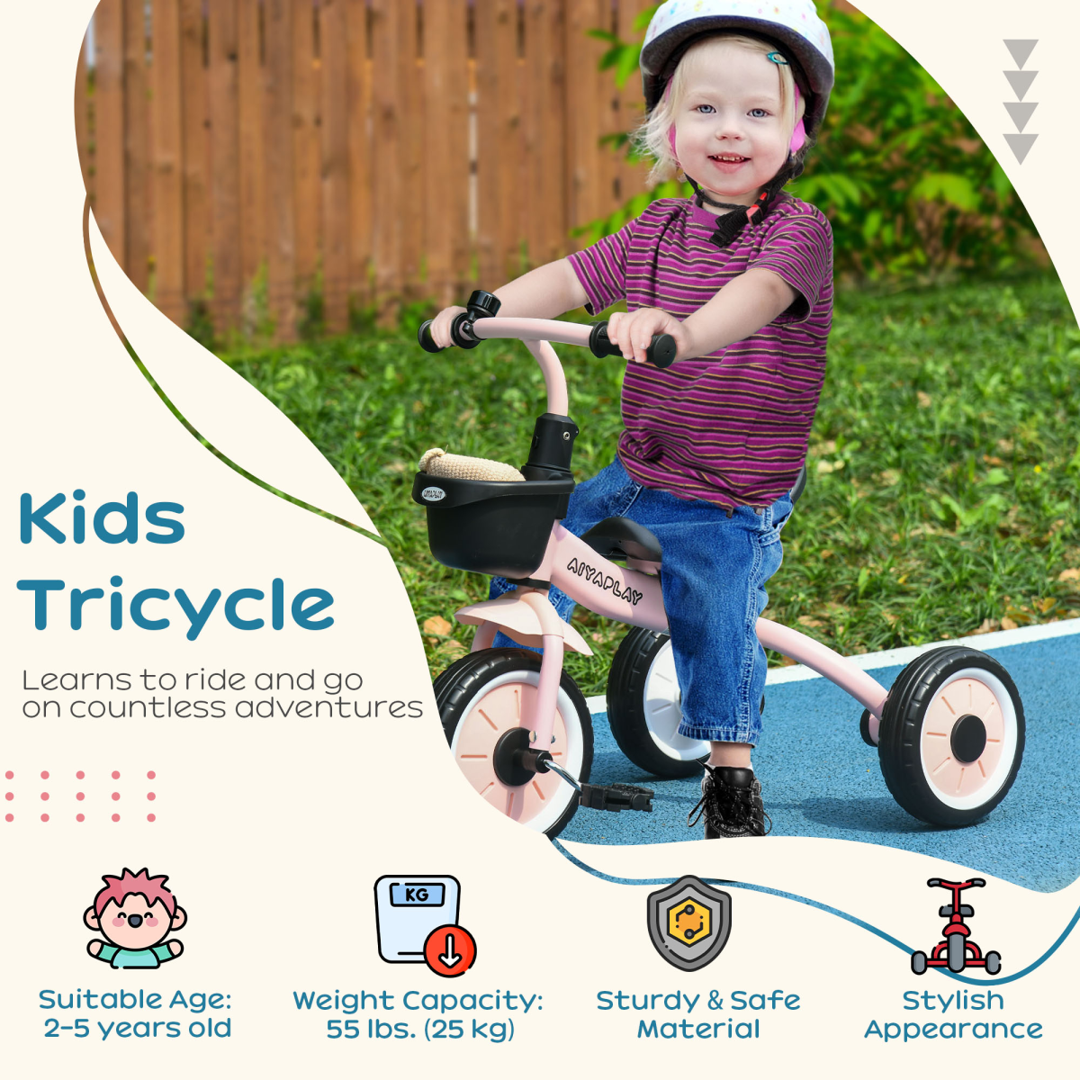 AIYAPLAY Kids Tricycle with Adjustable Seat, Basket & Bell, Pink