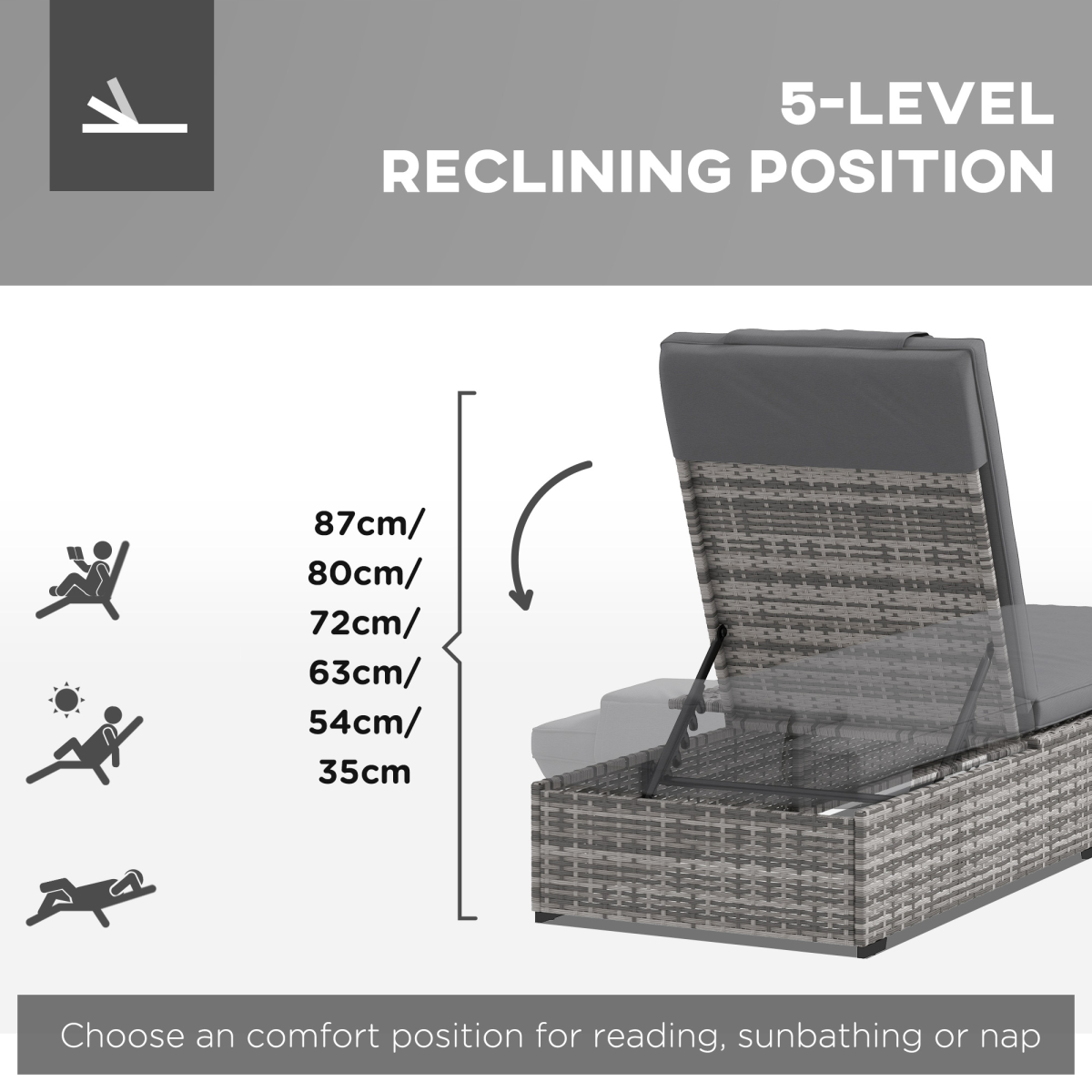 Outsunny Grey Rattan Lounger with Cushion, 5-Level Reclining Sun Lounger