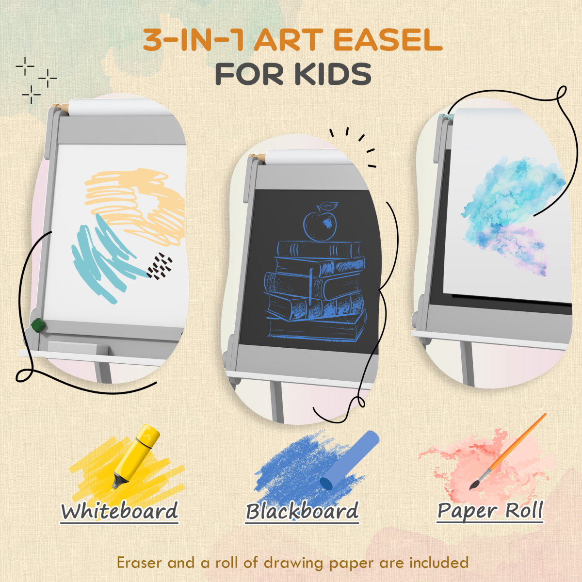AIYAPLAY 3-in-1 Double-Sided Kids Art Easel with Paper Roll