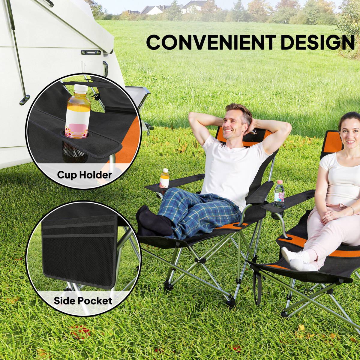 Outsunny Set of 2 Reclining Camping Chairs with Footrest, Orange/Black