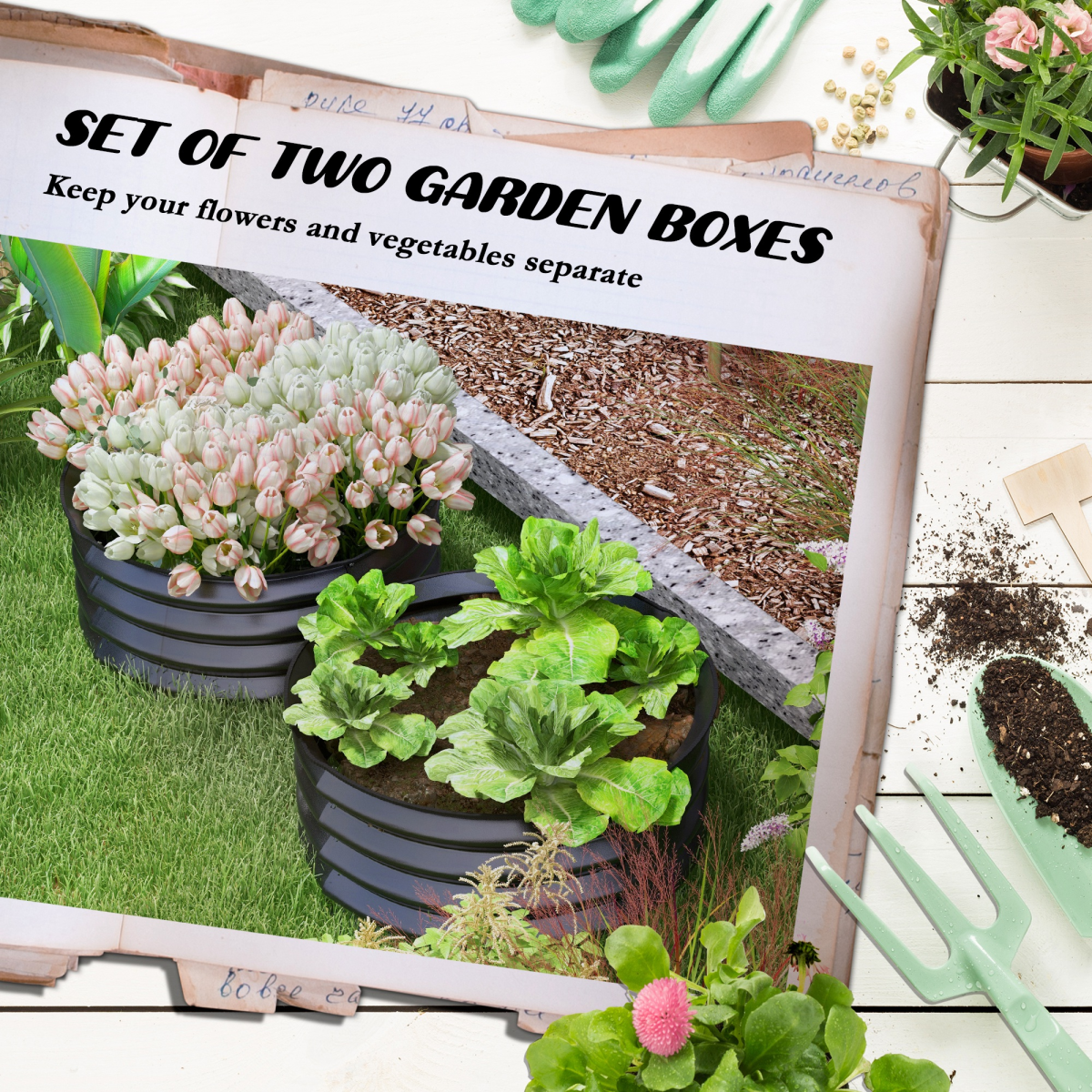 Outsunny Set of 2 Raised Metal Garden Beds with Safety Edging, Dark Grey