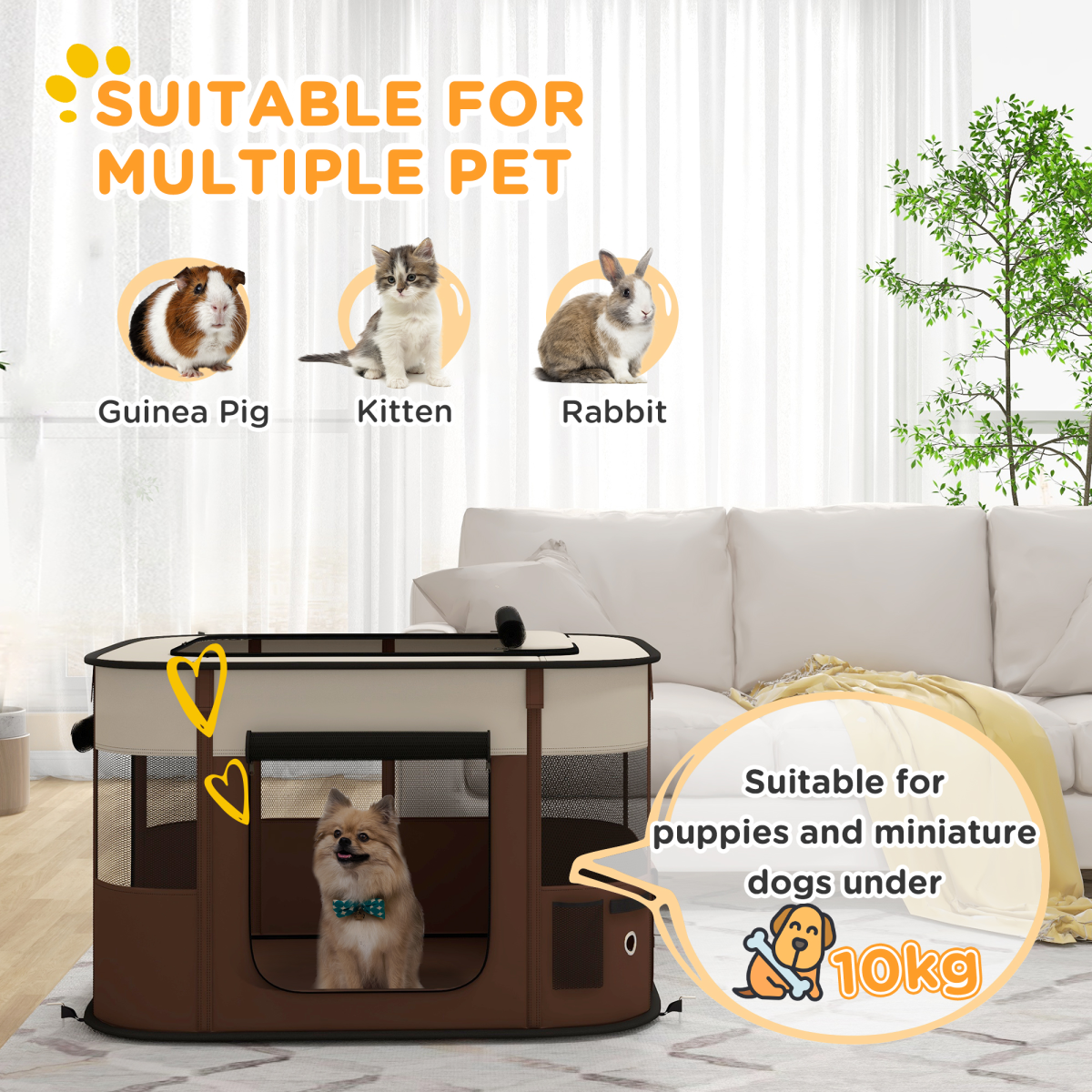 PawHut Portable Foldable Dog Pen for Puppies, Rabbits, Kittens and Guinea Pigs, Brown