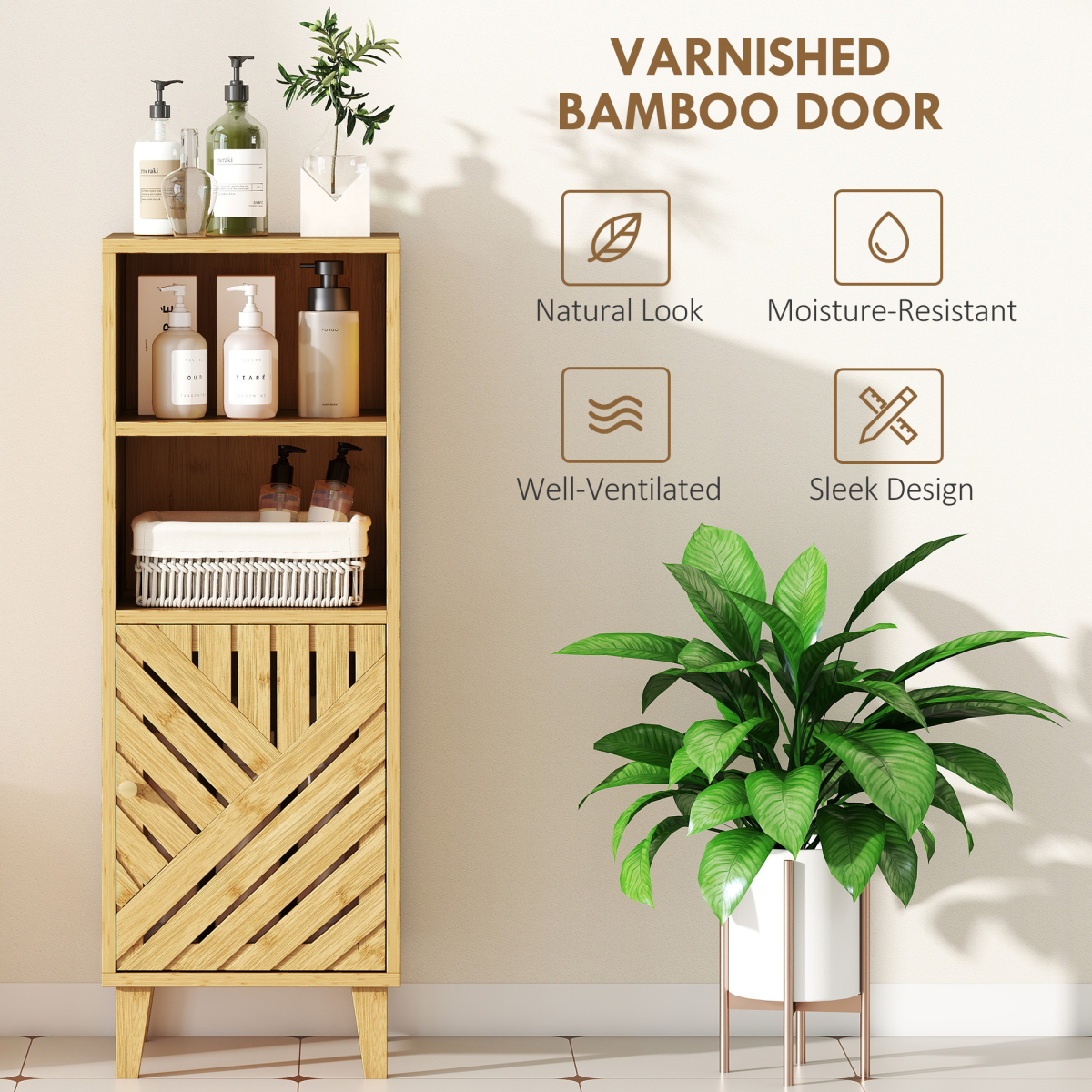 HOMCOM Narrow Bamboo Bathroom Storage Cabinet with Open Compartments