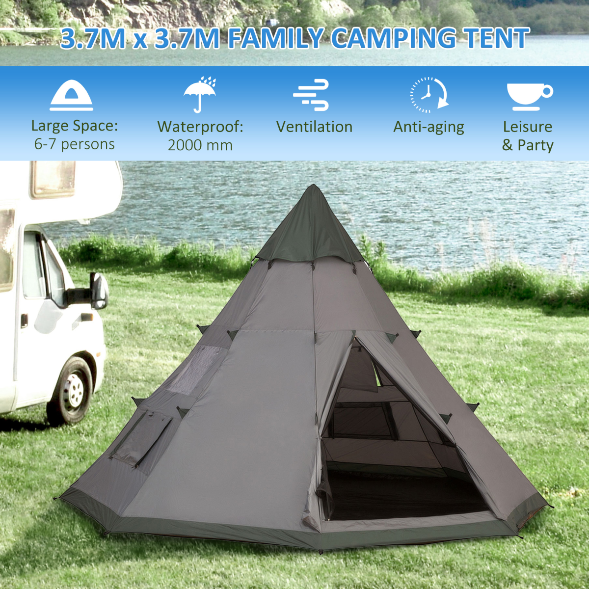 Outsunny Large 6-Person Tipi Camping Tent with Mesh Windows