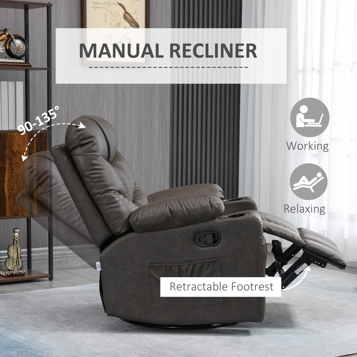 HOMCOM PU Leather Manual Recliner Armchair with Cup Holders, Brown