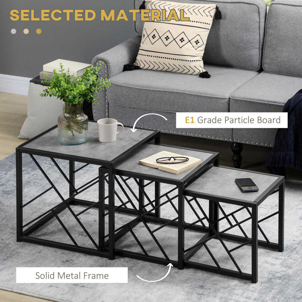 Set of 3 Nesting Square Coffee Tables, Grey Metal Frame