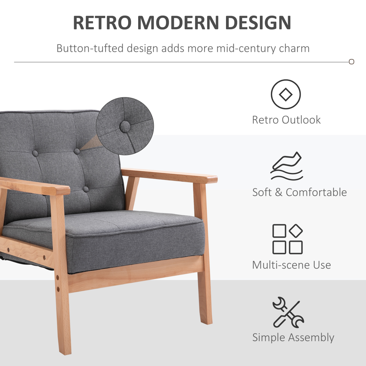 HOMCOM Retro Armchair with Beech Wood Frame, Grey Linen Upholstery