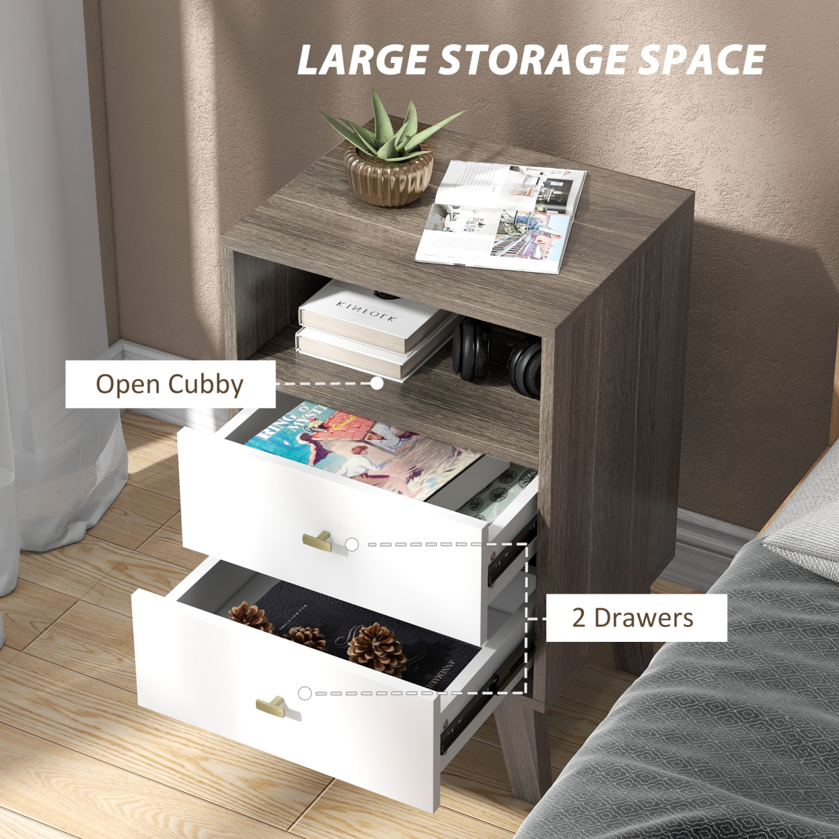 PawHut Set of 2 Bedside Tables, Nightstands with 2 Drawers & Open Cubby