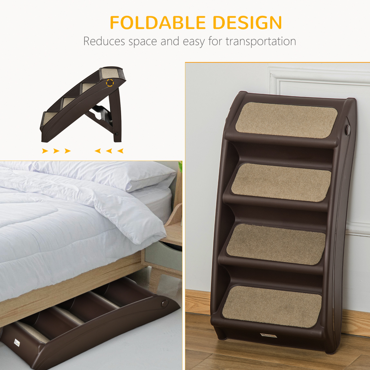 Foldable Non-Slip Pet Steps for Bed and Sofa, Small Dogs and Cats, Brown