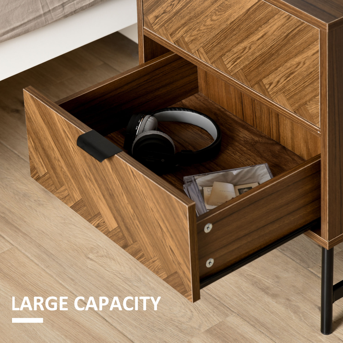 HOMCOM Side Cabinet with 2 Storage Drawers, Herringbone Pattern, Walnut Brown