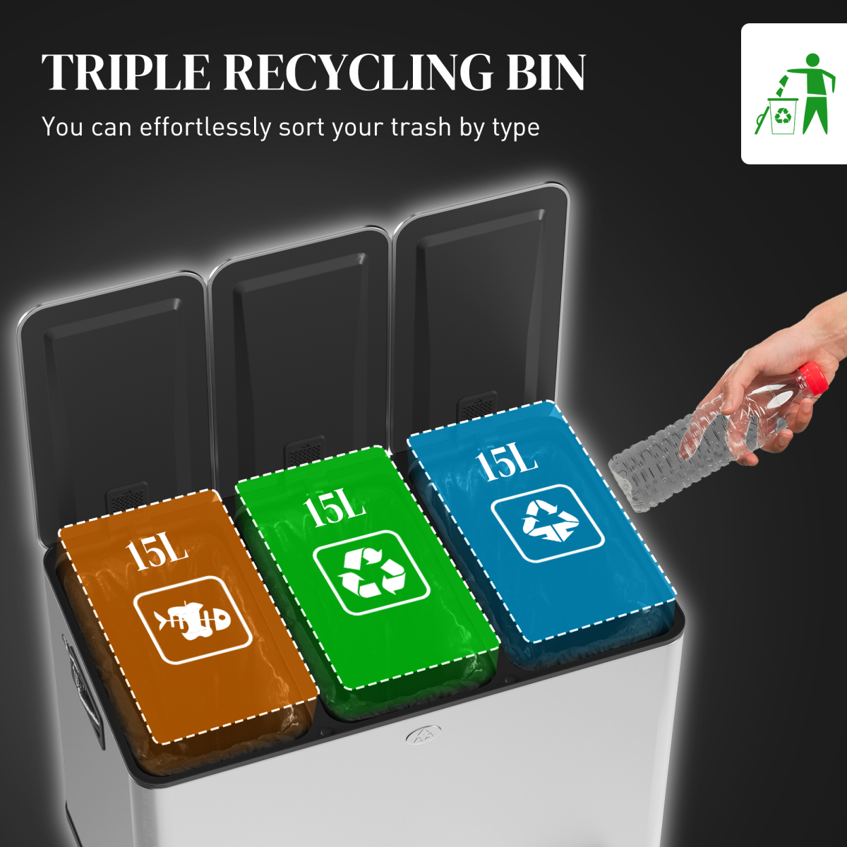 HOMCOM 45L Triple Kitchen Pedal Bin for Recycling and Waste, Silver