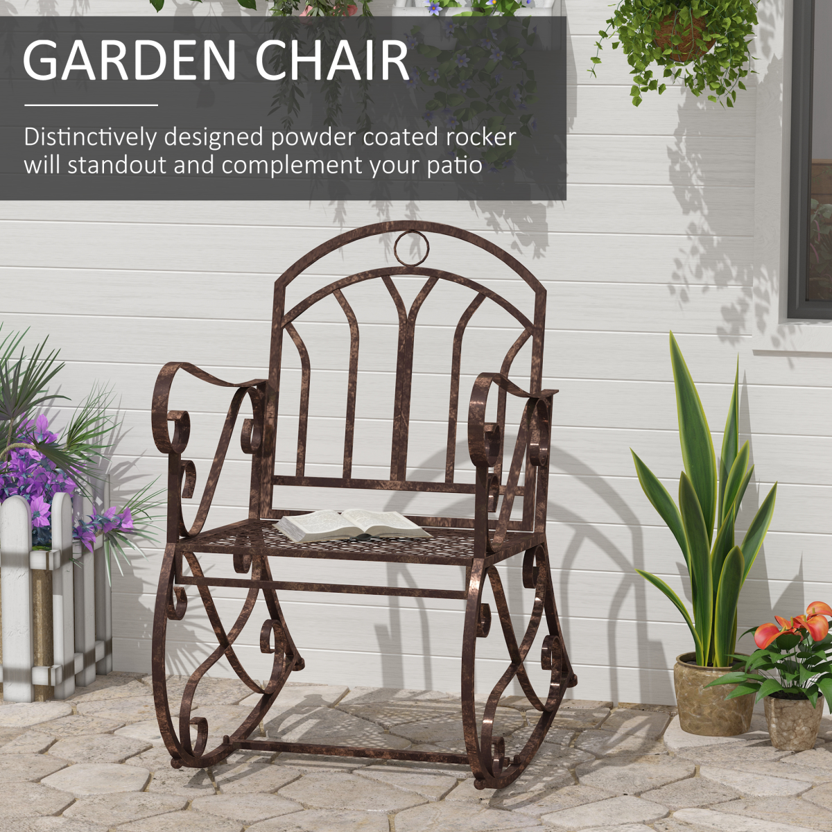 Outsunny Bronze Metal 2-in-1 Outdoor Rocking Chair Bench with Armrests