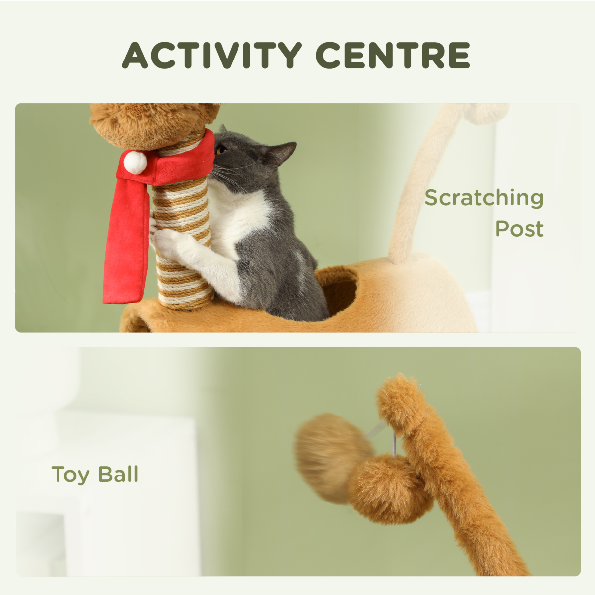 PawHut Deer-Themed Cat Tree with Tunnel and Toy Ball