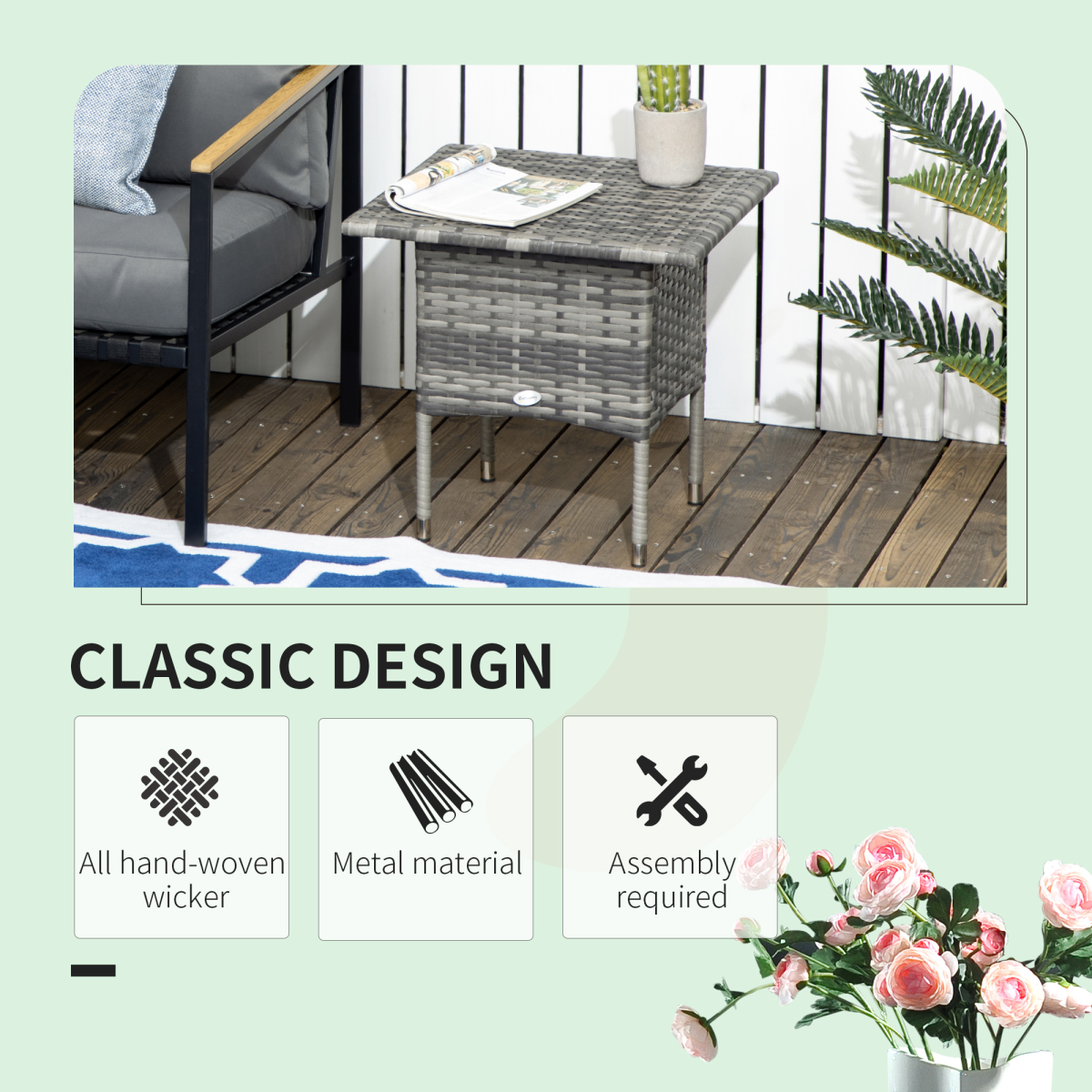 Outsunny PE Rattan Patio Coffee Table with Steel Frame, Mixed Grey