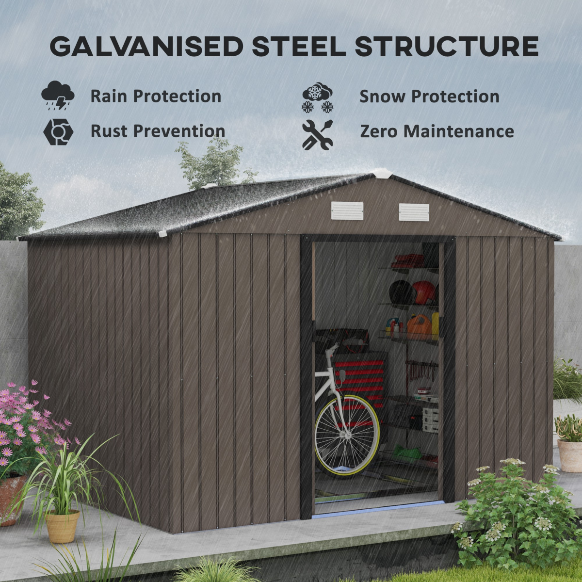 9 x 6 ft Outdoor Metal Garden Shed with Sliding Doors, Brown Galvanised Storage Shed