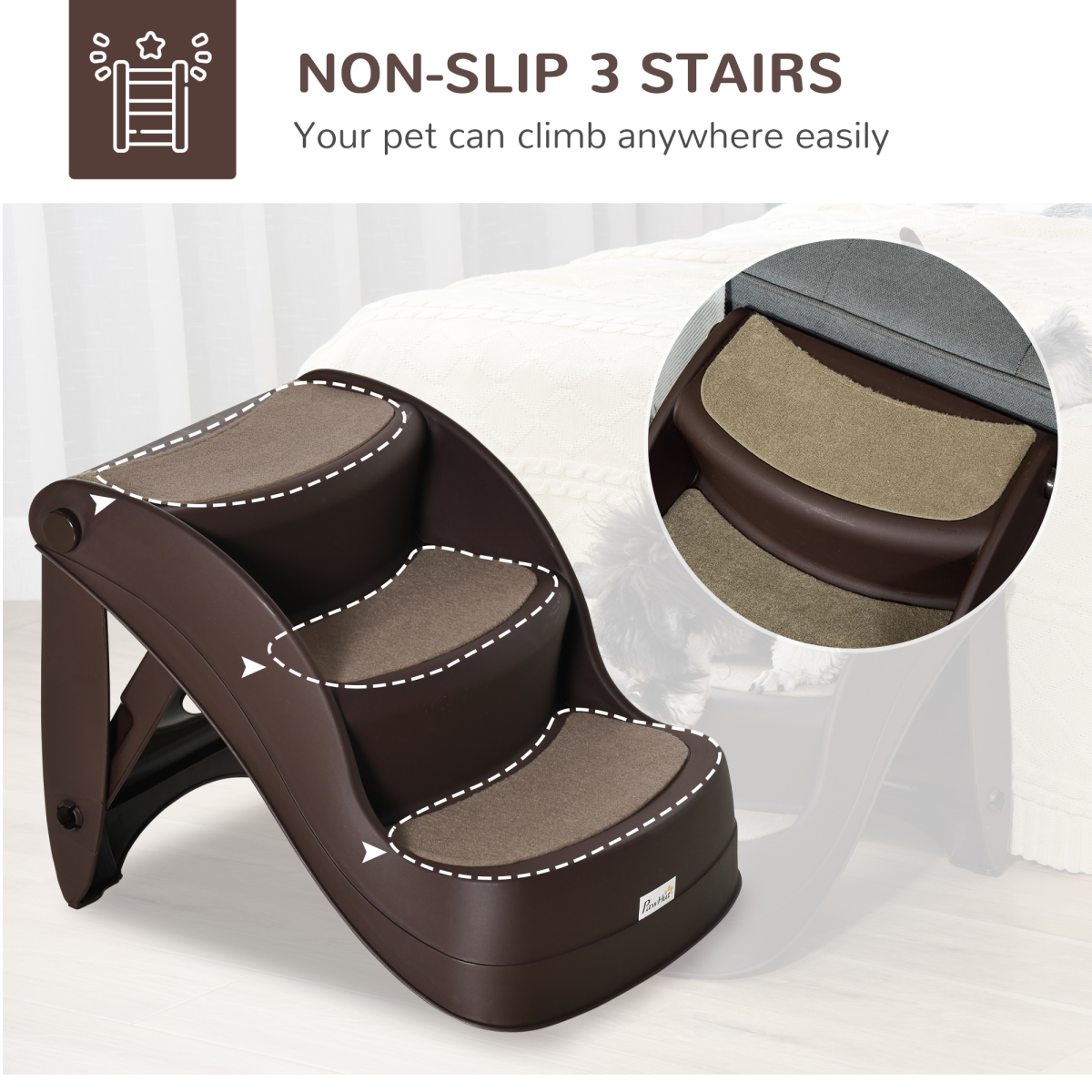 Portable 3-Step Non-Slip Pet Stairs for Dogs and Cats, Foldable, for Beds and Sofas, Brown
