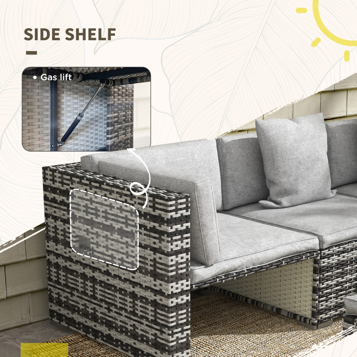 Outsunny 7-Piece PE Rattan Patio Furniture Set with 2 Armless Chairs, 2 Side Chairs, 2 Stools and Coffee Table, Mixed Grey