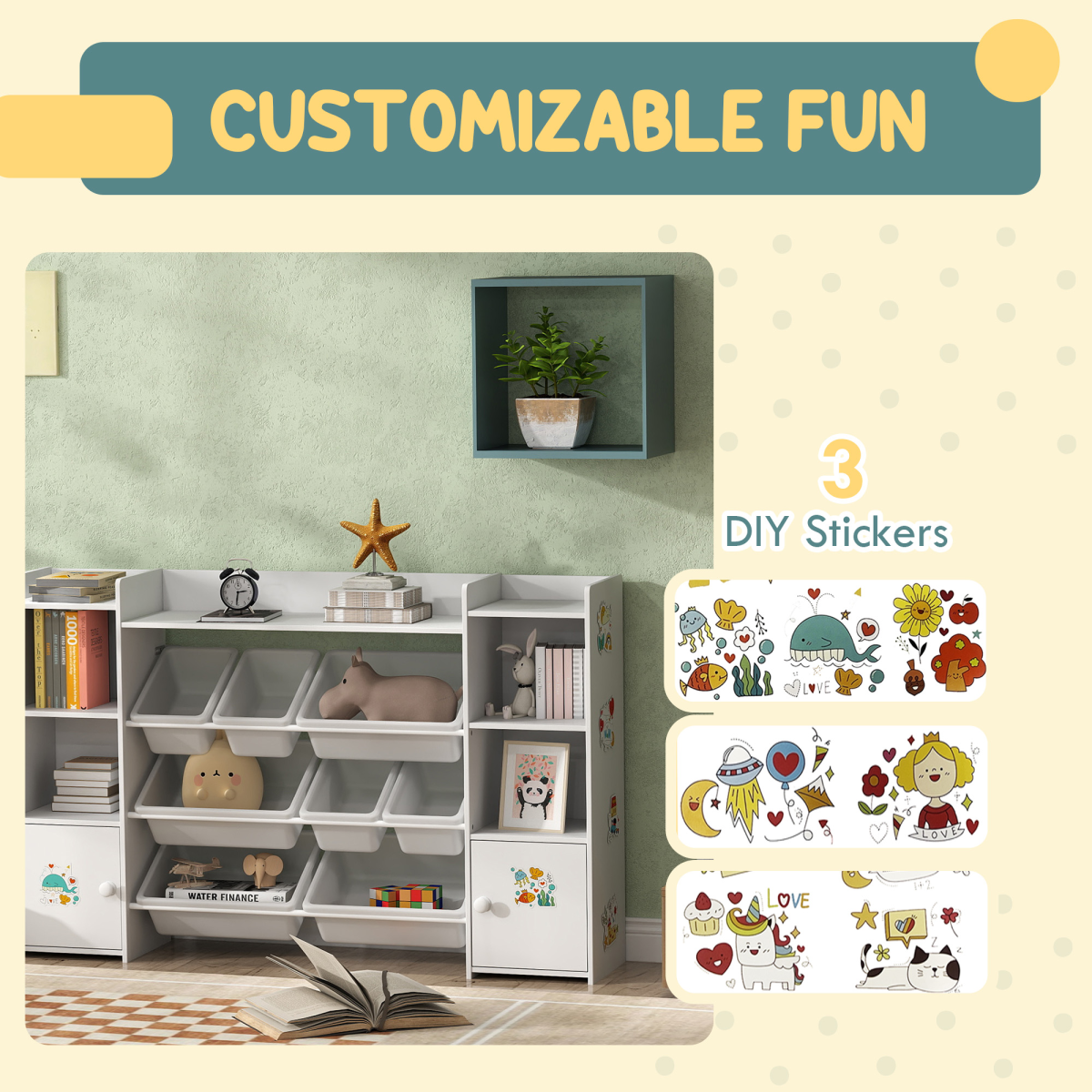 AIYAPLAY Kids Toy Storage Organiser with 8 Removable Bins, White