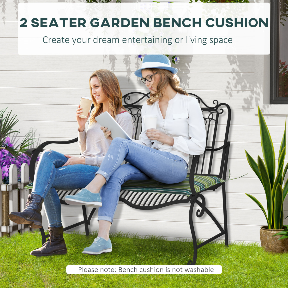 Set of 2 Green Striped Outdoor Bench Seat Cushions