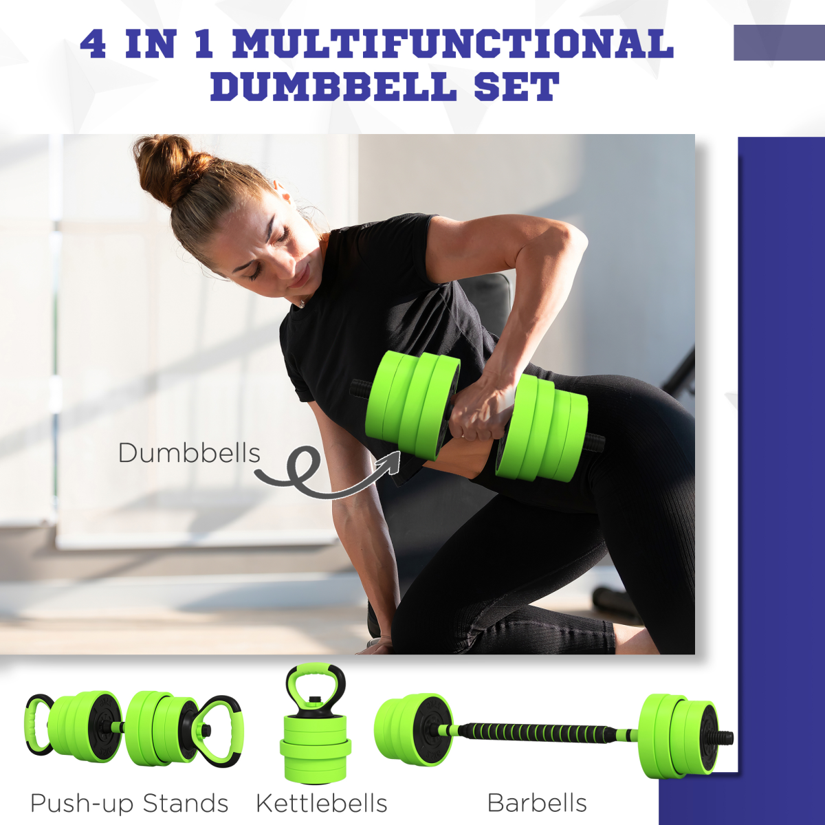 AIYAPLAY 30kg 4-in-1 Dumbbell Set: Barbell, Kettlebell & Push-Up Stands
