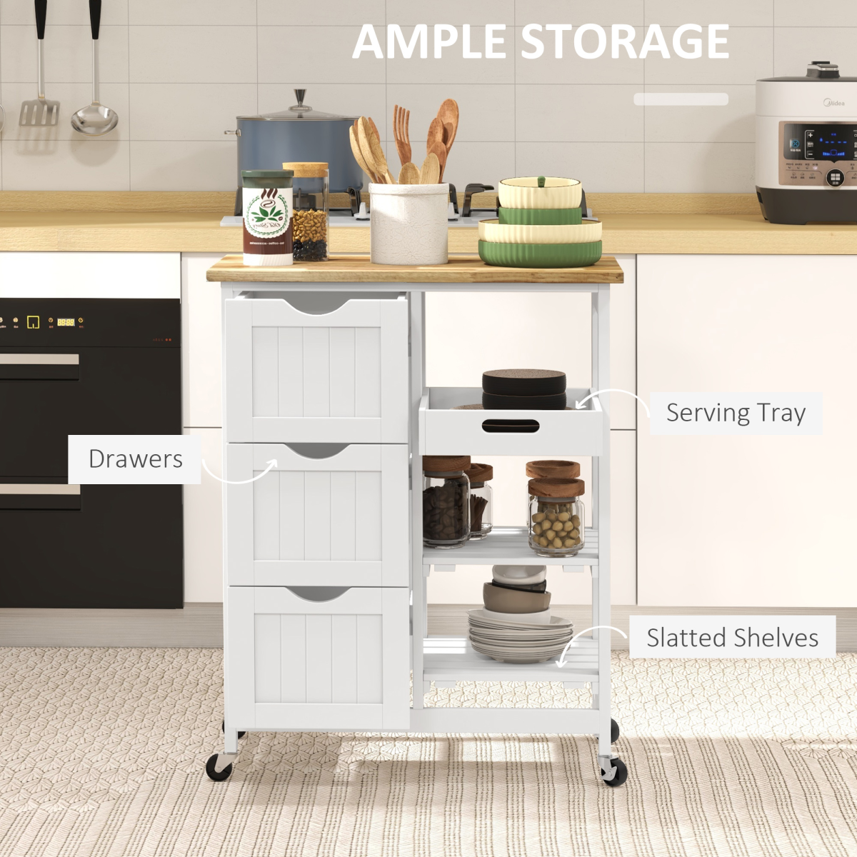 HOMCOM White Rolling Kitchen Island Cart with 3 Drawers & Tray