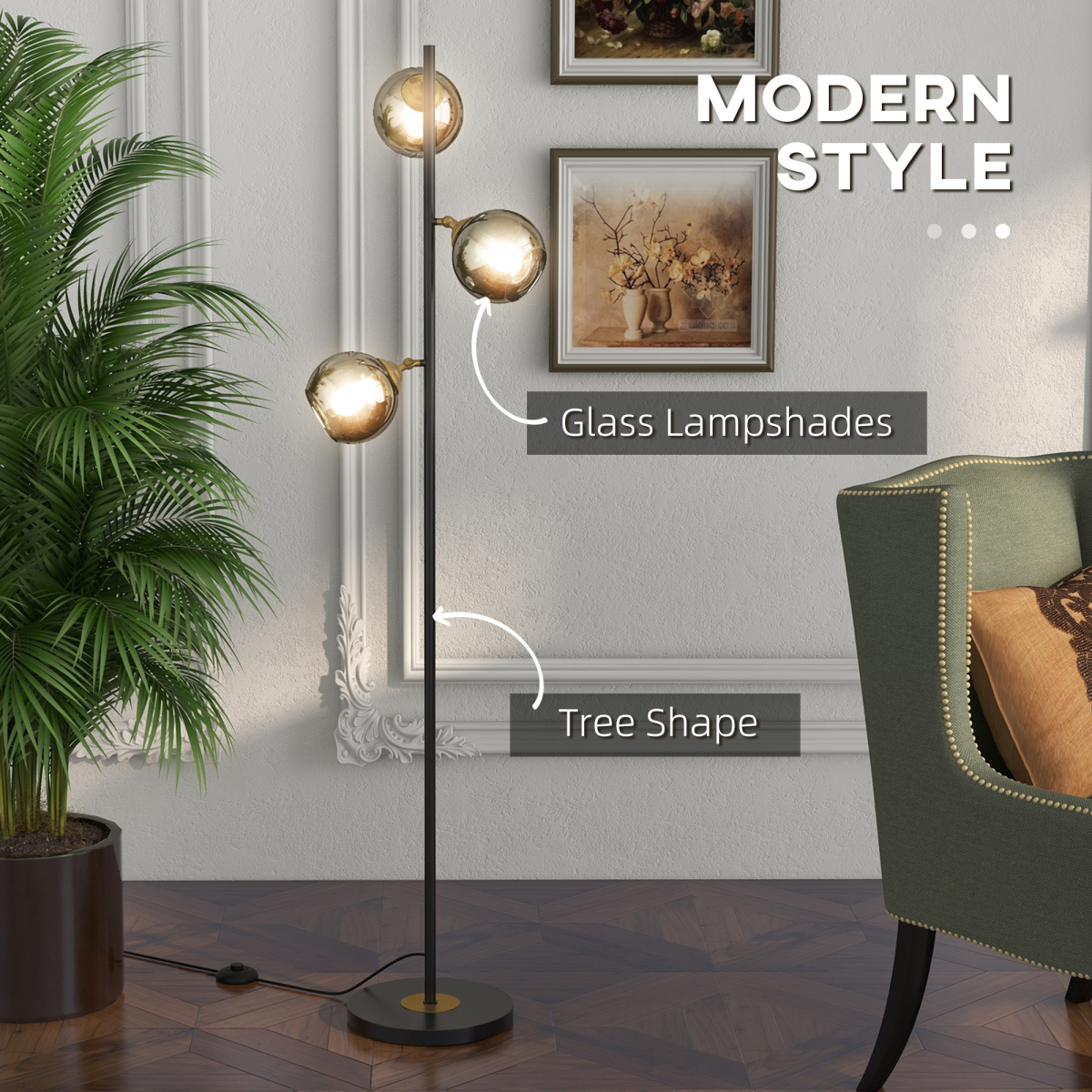 HOMCOM Modern Floor Lamp with Glass Global Shade, 3 Light, for Living Room