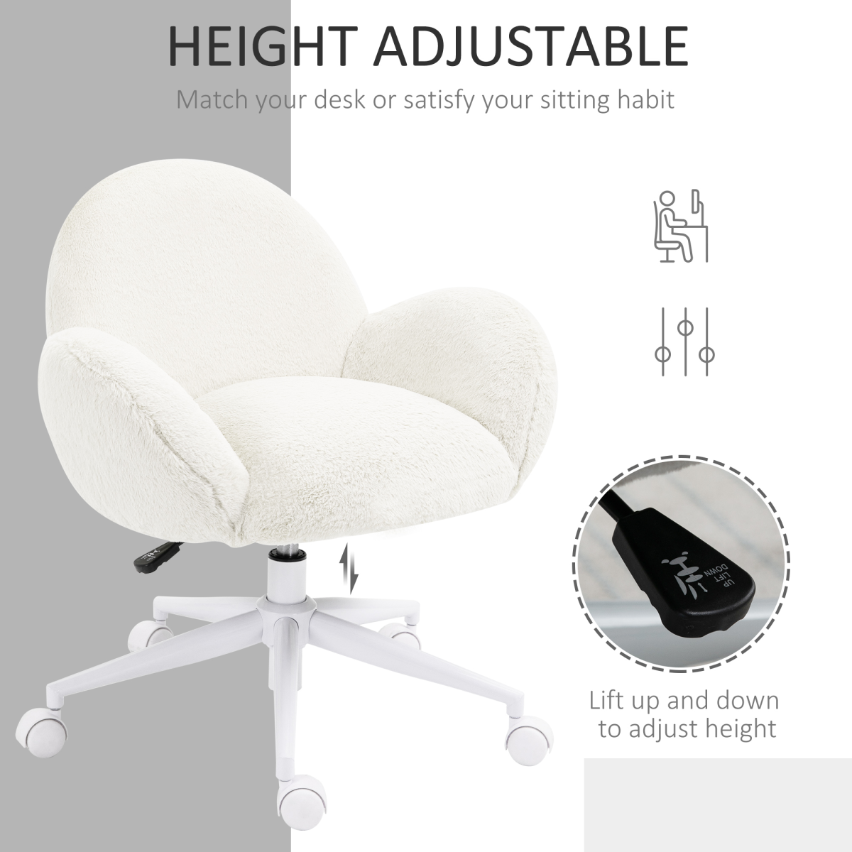 HOMCOM Cream White Fluffy Office Chair with Backrest & Wheels