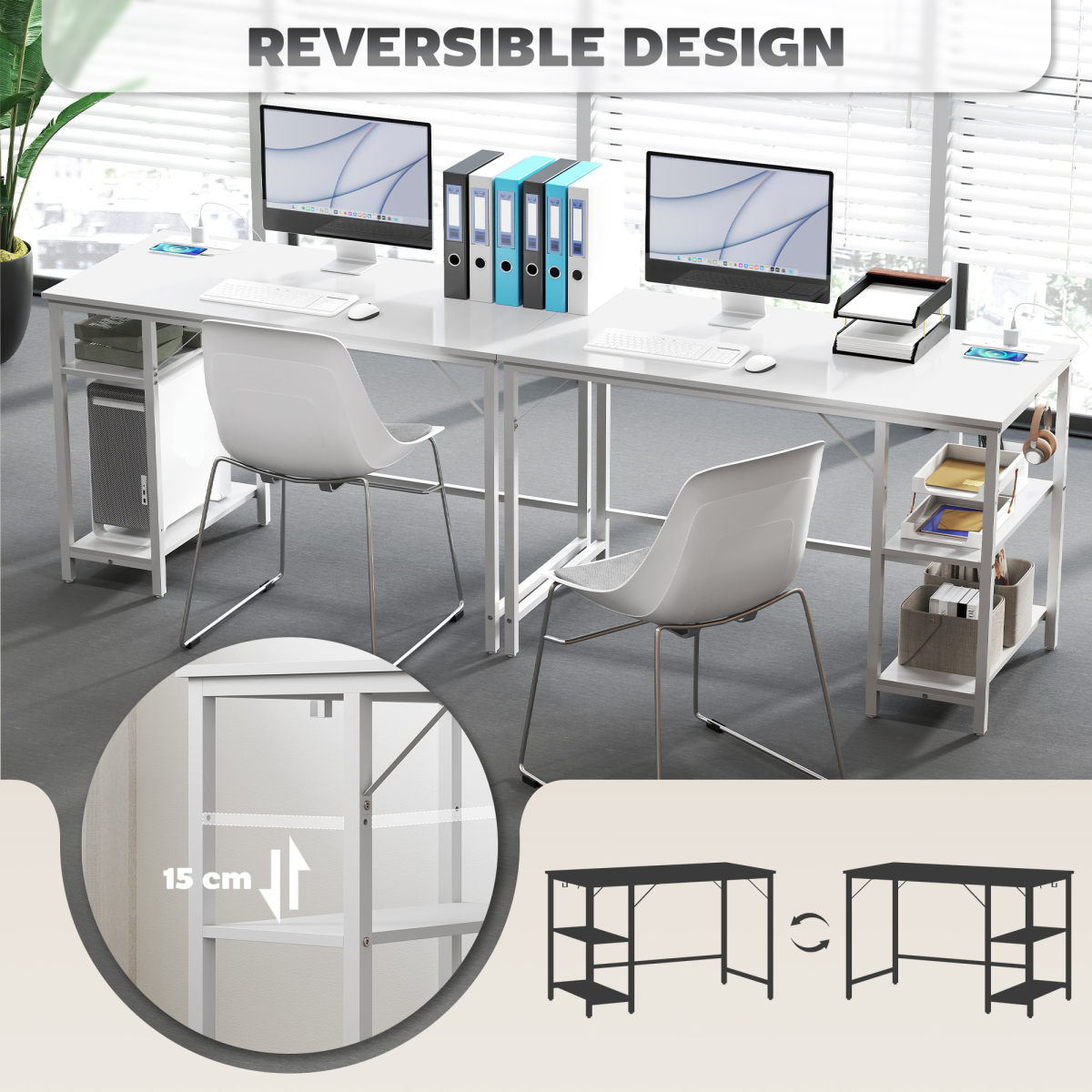 HOMCOM White 120 x 60 cm Home Office Desk with Reversible Shelf